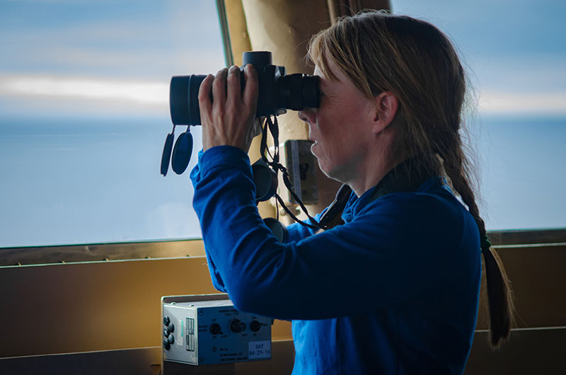 Kate Stafford surveys the surrounding Arctic waters from the bridge of the U.S. Coast Guard Cutter Healy.