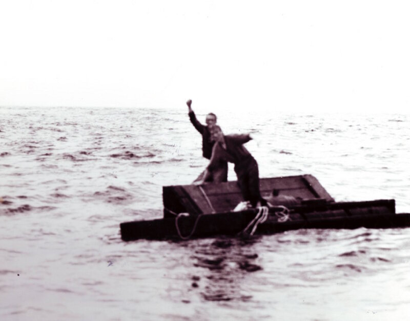 Survivors from torpedoed ship Chenango cling to wreckage off North Carolina.