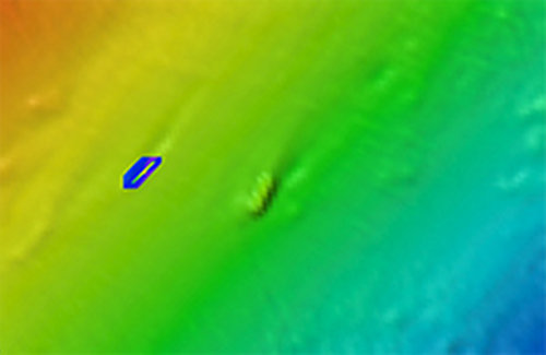 Multibeam imagery collected in 2014 shows the relative positions of U-576 (to the right) and Bluefields (in the center).