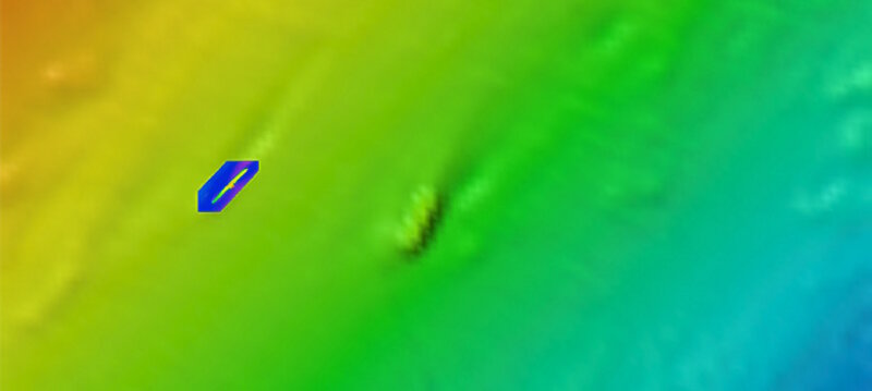Sonar Data showing U-576 (left) and Bluefields (the lump to the right) as they currently rest on the seabed.