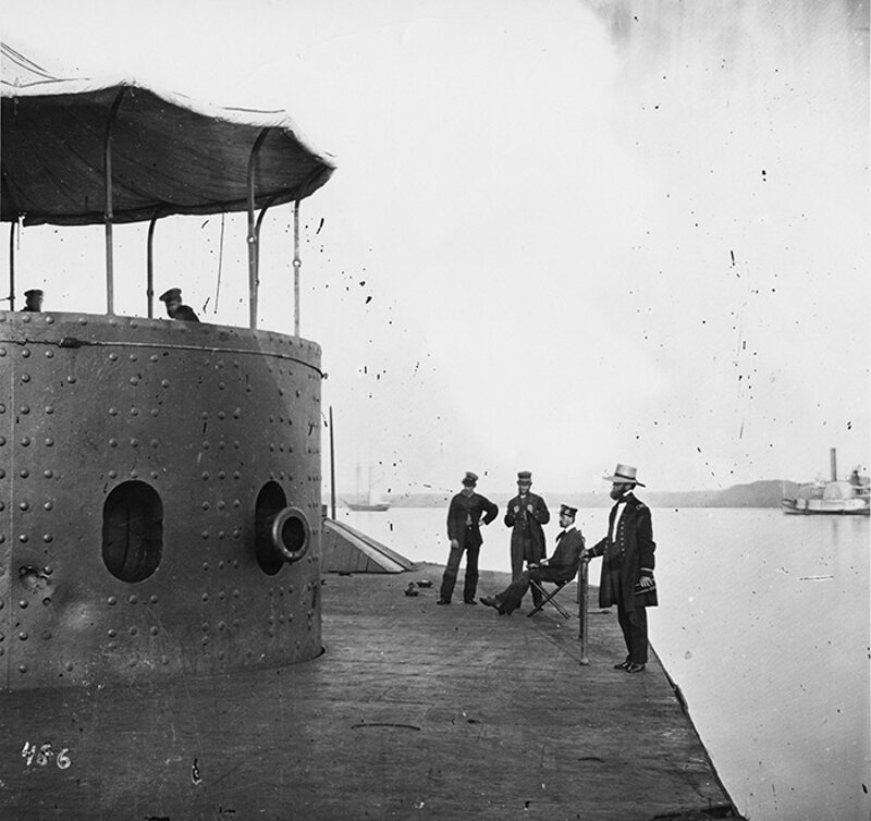 Officers stand on the deck of the USS Monitor in this image captured on July 9, 1862, by Union photographer, James F. Gibson.