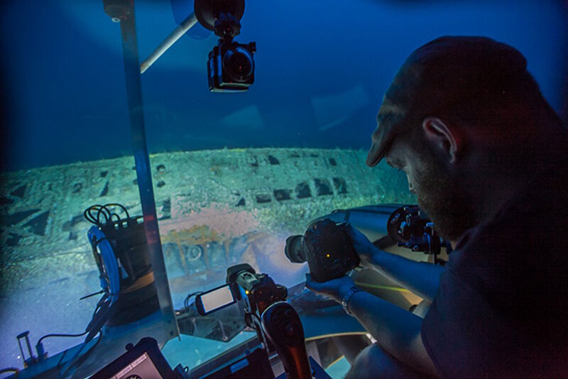 NOAA Archaeologist Joe Hoyt documents the damage to U-576.