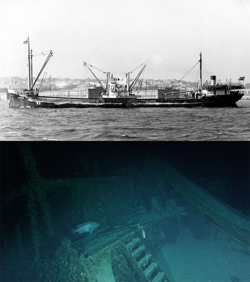 Merchant vessel Bluefields as it was configured near the time of the attack (top) and its wreck today (bottom). The right hand side of the ship is visible in the wreck image, showing the ladder leading from the main deck to the aft superstructure and the stern crane lying collapsed on the deck (diagonal structure visible on the top right).