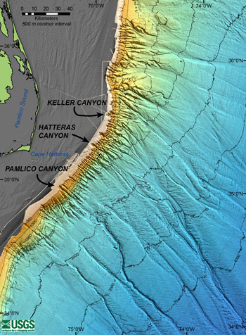 This map displays the operating area of the Exploring Carolina Canyons expedition. Three submarine canyons (Keller, Hatteras, Pamlico) off the coast of North Carolina will be surveyed for deep-sea coral habitats.
