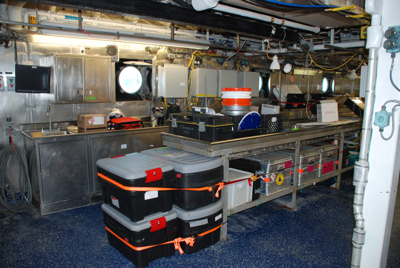 Sediment sampling equipment set-up and secured in wet lab. Later in the expedition, the team will use a monocore to take a discrete sample of the bottom sediments. These samples will be used to characterize infaunal community structure and composition.