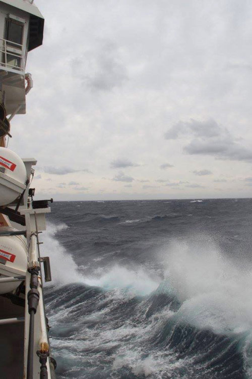 NOAA Ship Pisces transits through rough seas on the way to Rhode Island.