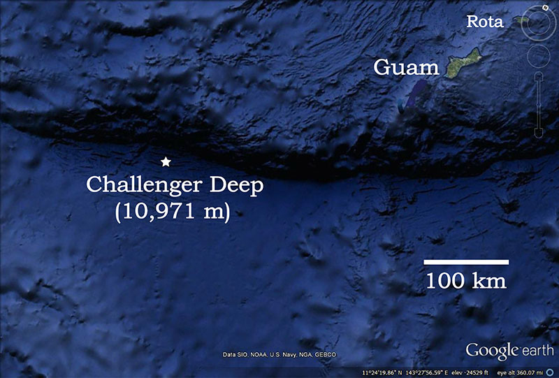 Challenger Deep trough in the Mariana Trench near Micronesia.