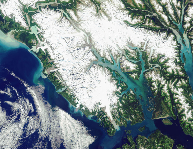 Satellite imagery of Glacier Bay National Park.