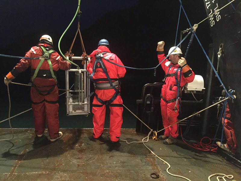 The ROV team recovers the depressor weight at the completion of the first ever ROV dive in Glacier Bay National Park.