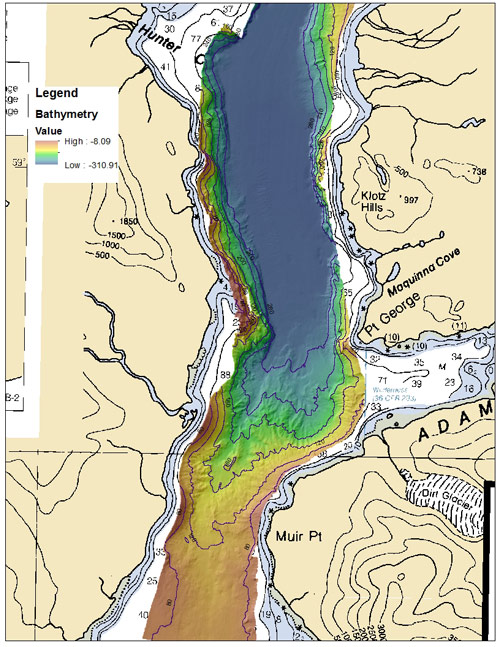 This map uses colors to show the water depth in Muir Inlet where is meets Adams Inlet.