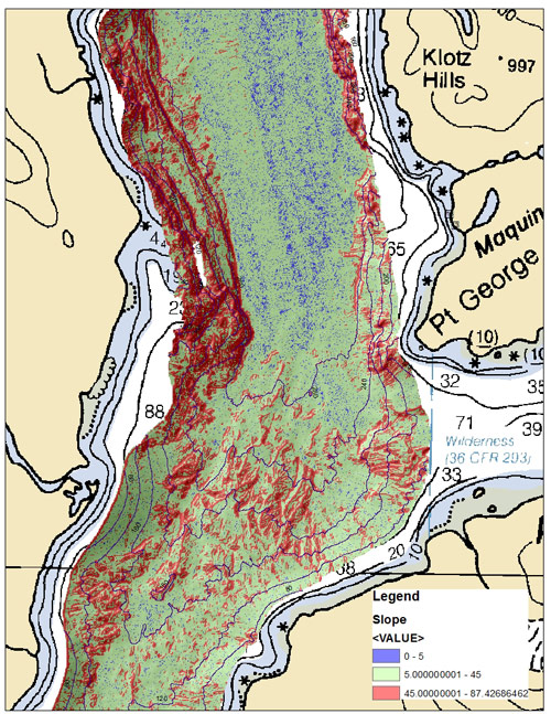 Slope data is displayed in the GIS instead of the color-symbolized bathymetry. Slopes greater than 45 degrees are displayed with red coloration.
