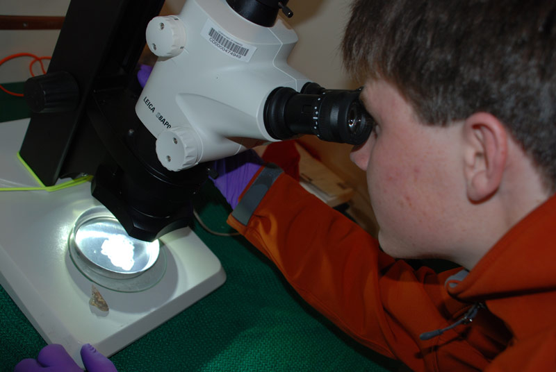 Rowan Sharman investigates an egg mass that was collected during an ROV dive.