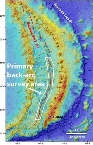 A map of the planned survey area for the Hydrothermal Hunt at Mariana expedition.