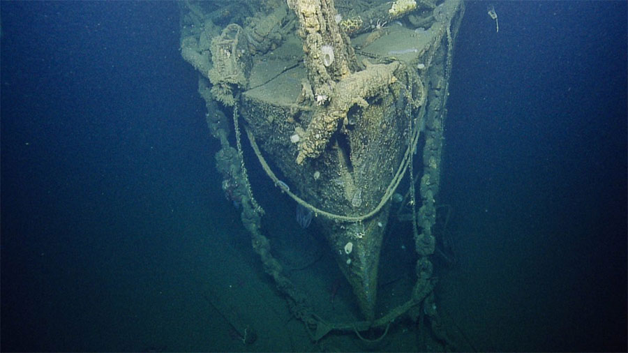 Bow of USS Independence, seen for the first time after 65 years. Watch video highlights from the dive. Image courtesy of the Ocean Exploration Trust.