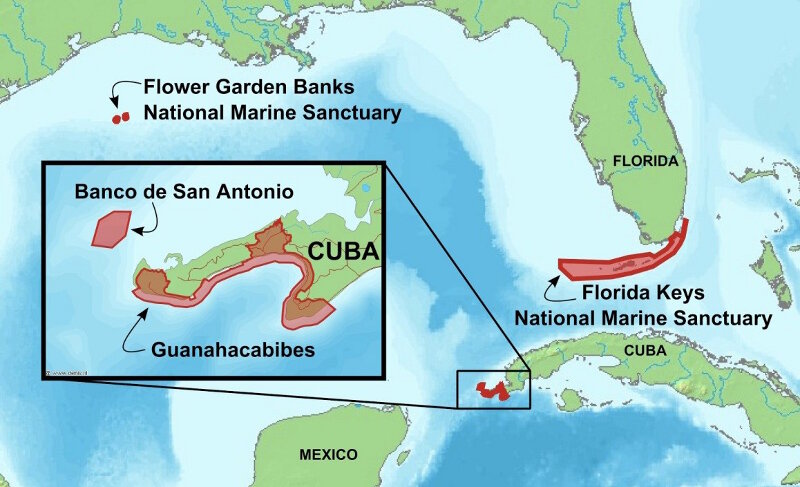 Figure 1. Sister-Sanctuary relationship between the marine sanctuaries Guanahacabibes and Banco de San Antonio in Cuba, and the Florida Keys National Marine Sanctuary (FKNMS), and Flower Garden Banks National Marine Sanctuary (FGBNMS) in the United States – recognizing that these places are all inextricably linked through the flow of the ocean. Image courtesy of Cuba’s Twilight Zone Reefs and Their Regional Connectivity.