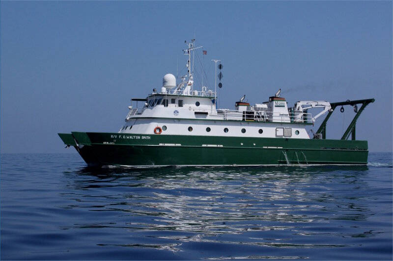 Figure 2. Research Vessel F.G. Walton Smith, Rosenstiel School of Marine Science and Atmospheric Science,  University of Miami. This research vessel, named in honor of the School’s founder, is a 96-ft long catamaran which accomodates 20 scientists and crew, and has 800 sq.ft. of lab space.