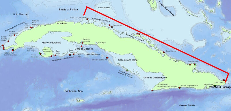Completamos 11 inmersiones con el ROV en 6 locaciones a lo largo de la costa norte de Cuba. Aproximadamente, la mitad de estos sitios fueron localizados cerca o bordeando la vasta red de áreas marinas protegidas de Cuba.