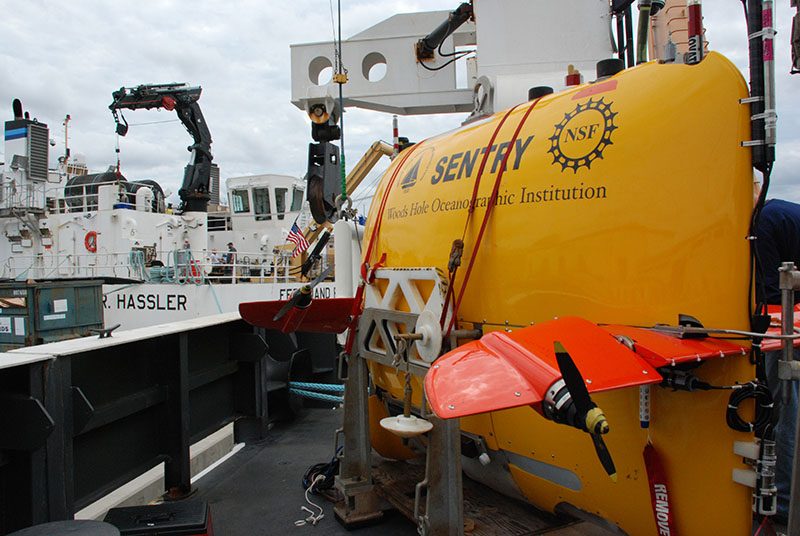 The AUV Sentry has been on the Pisces since August 26, when it was brought on board for the second year of the NOAA National Marine Fisheries Service’s Carolina Canyons project.