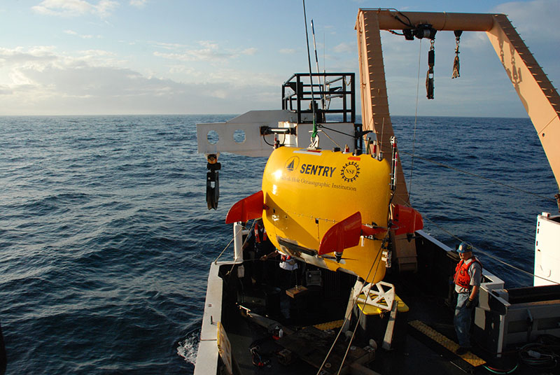 ndy Billings oversees the AUV Sentry launch for its first dive of the cruise on the morning of September 13. Sentry will remain in the water for 24 hours before being recovered to recharge batteries and download data.