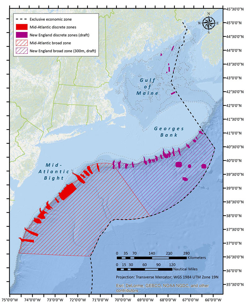 Deep-sea coral protection zones in the Northeast region designated by the Mid-Atlantic Fisheries Management Council and proposed by the New England Fisheries Management Council. Alvin Canyon straddles the New England/Mid-Atlantic inter-council boundary. New England Council zone boundaries will likely change as the management process is finalized.