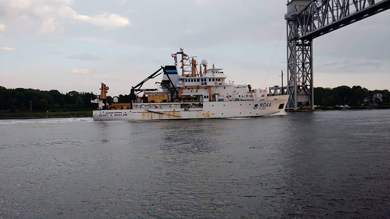 NOAA Ship Henry Bigelow heads home through the Cape Cod Canal.