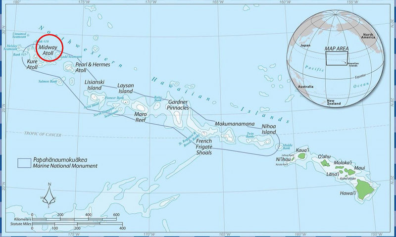Map of Papahānaumokuākea Marine National Monument, including Midway Atoll.