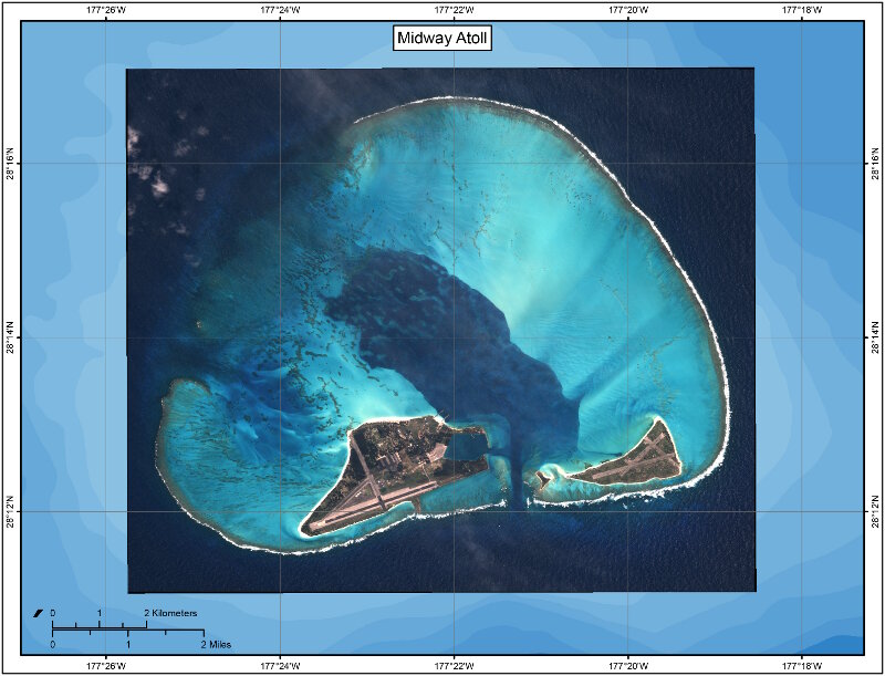 An aerial view of Midway Atoll.