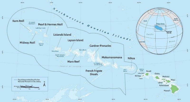 Map of Papahānaumokuākea Marine National Monument, including the expansion area designated by President Obama in 2016.