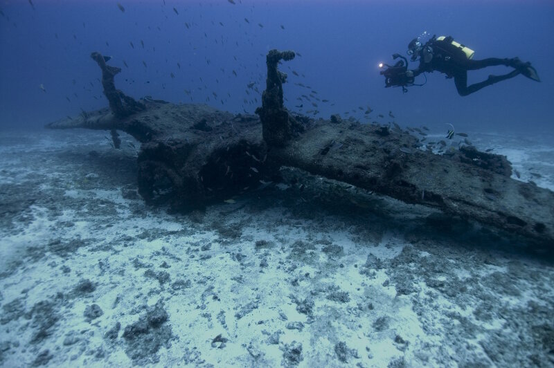 An underwater filmmaker documents the wing section of a F4U Corsair at Midway Atoll.