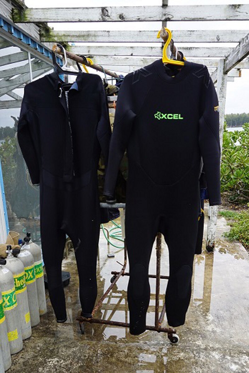 The layers that keep the diving scientists warm in chilly May Midway conditions.