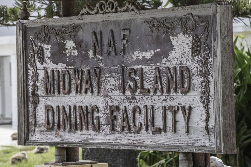 Historic sign marking the original Dining Facility at Naval Air Facility Midway Island.