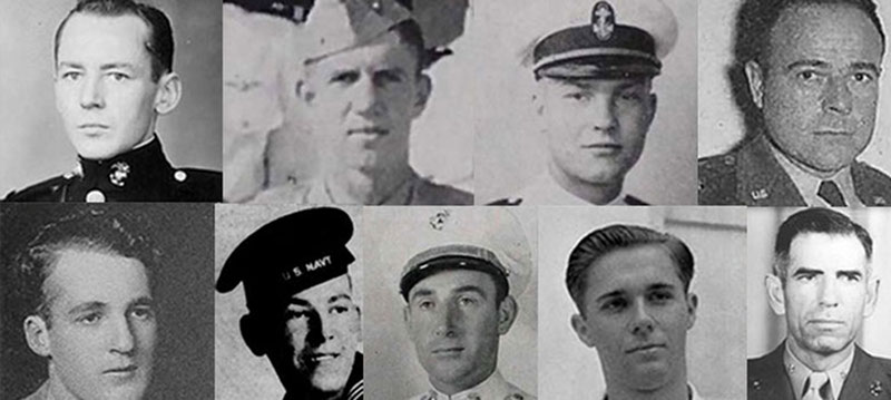 Some of the servicemen involved in the near shore crashes. Top row (L to R): Russell B. Aitken, Timothy Casady, and Ray Leland Obenshain Jr.; Middle row (L to R): Charles W. Somers, Richard G. Newhall, and Daniel L. Cummings; Bottom row (L to R): Harold G. Schlendering, Eystein J. Nelson, and Edward Wieczorek.