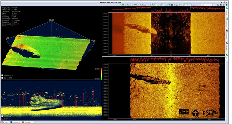 Examples of real-time maps produced by multibeam echosounders during a previous expedition that mapped Pinellas II, an artificial reef that is part of the Pinellas County artificial reef program. The maps show the sunken tugboat Sheridan at the bottom of the seafloor.