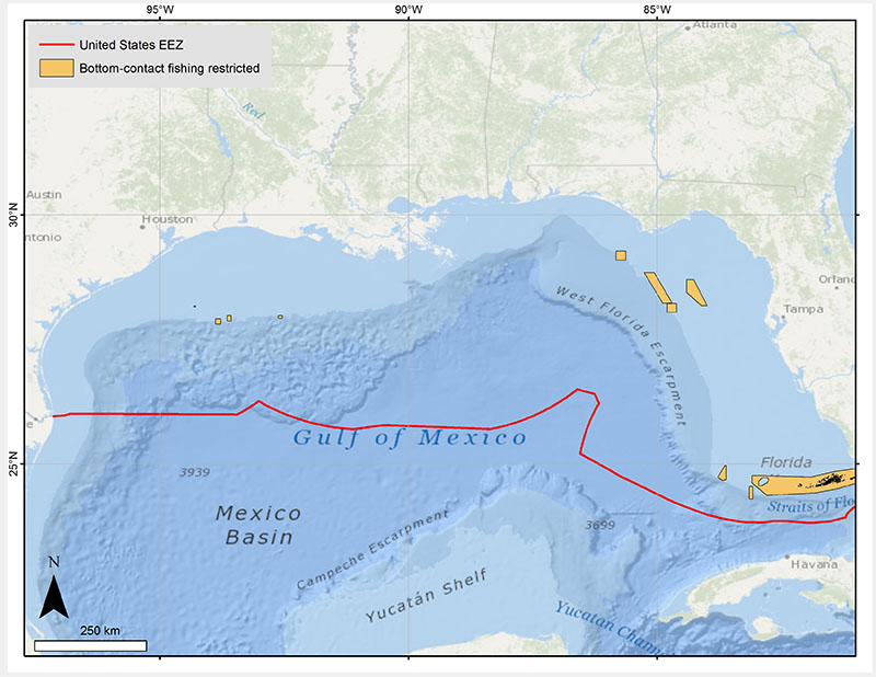 Map showing areas in the Exclusive Economic Zone (EEZ) of the U.S. Gulf of Mexico where fishing with bottom contact gear is restricted.