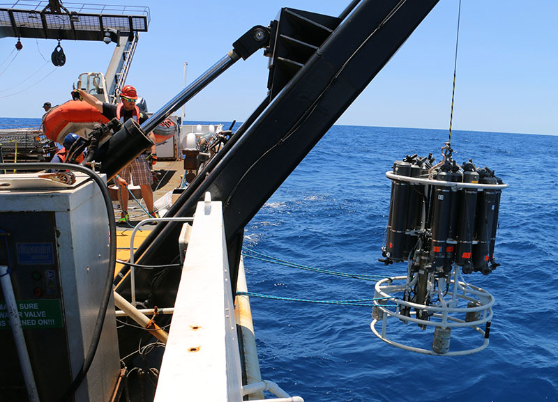 The CTD Niskin bottle carousel of NOAA Ship Nancy Foster will be used to collect environmental data and water samples for studies on seawater carbonate chemistry.