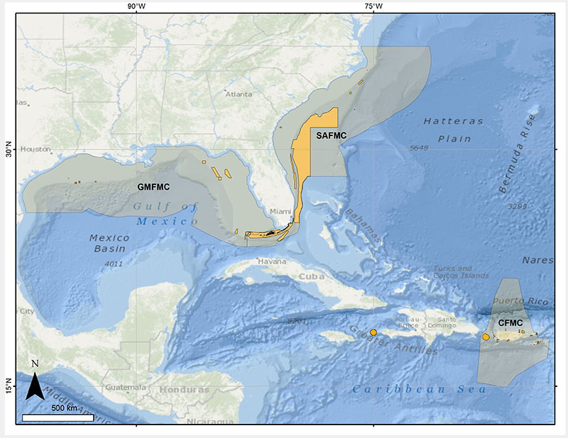 Map showing the three geographic regions in which the Southeast Deep Coral Initiative (SEDCI) will operate in 2016-2019. This area corresponds to the jurisdiction of three fishery management councils, shown in gray. Areas where deep-sea coral and sponge ecosystems are protected through fishing restrictions are shown in orange.
