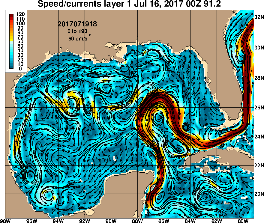 Surface current speed in the Gulf of Mexico in July-August 2017. Red colors indicate the fastest currents.