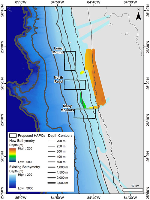 Map of a portion of the Southeast Deep Coral Initiative's August 2017 study site, including new high-resolution bathymetry data collected on the West Florida shelf (shallower than ~300 meters) using multibeam echosounders on NOAA Ship Nancy Foster. Mapping was conducted near a set of proposed Habitat Areas of Particular Concern (HAPCs, shown as boxed areas). Existing high-resolution mapping data, mostly covering the West Florida slope (deeper than ~300 meters), were obtained from the NOAA National Centers for Environmental Information (NCEI).