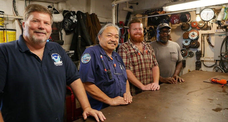 The engineering department of NOAA Ship Nancy Foster. From left to right: CME Tim Olsen, 1AE Carlito Delapina, 2AE Kyle Williams and JUE Joe Clark.