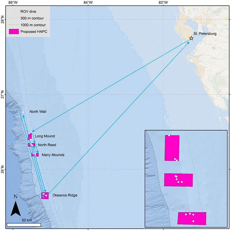 Map showing the areas of exploration for the Southeast Deep Coral Initiative (SEDCI) expedition aboard NOAA Ship Nancy Foster, cruise number NF1708.