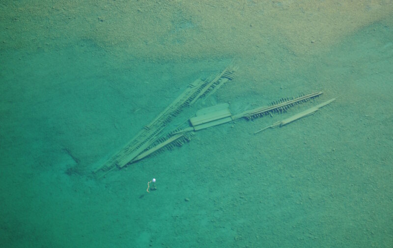 Wooden schooner American Union as seen from above demonstrates the clarity of Lake Huron’s water and the visibility of shipwrecks in shallow water.