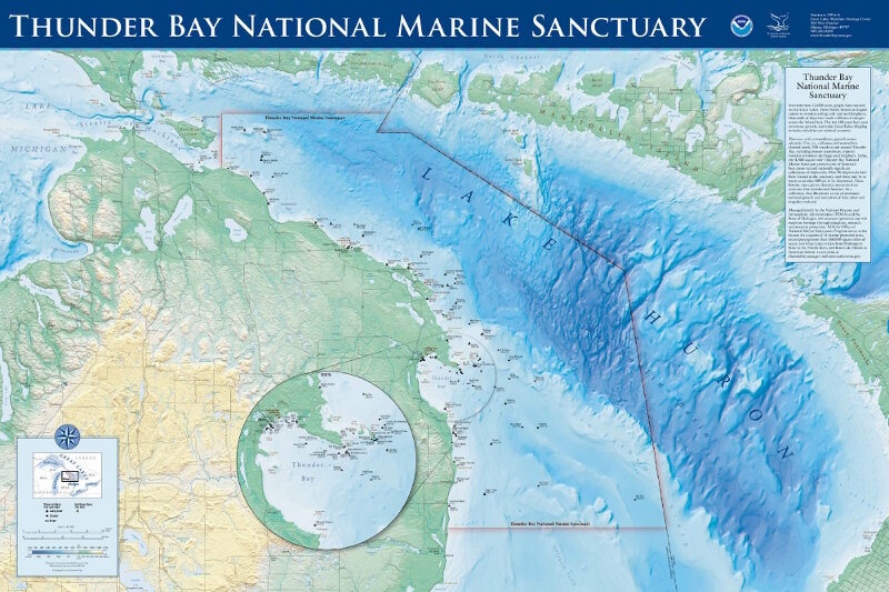 Map of the boundaries of Thunder Bay National Marine Sanctuary, showing documented shipwreck sites and a view of Lake Huron and the coast.