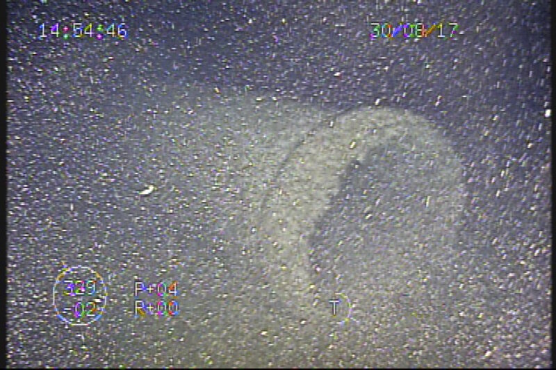 Separated from the main vessel structure thought to be Ohio, ROV pilots from Northwest Michigan College located the steam propulsion systems funnel and funnel cape along the bottom adjacent to the site via the ROV’s scanning sonar.