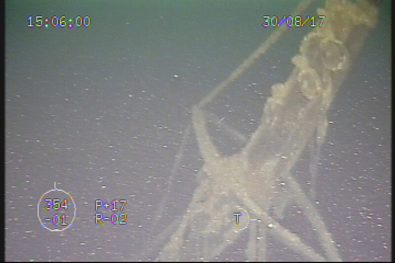 Moving towards the bow of the vessel thought to be Ohio, ROV pilots followed standing rigging to reveal an intact foremast.