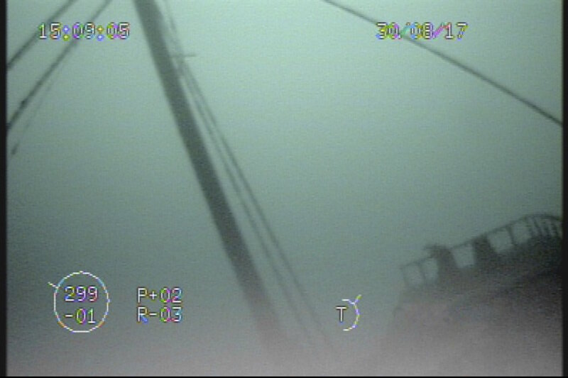 Moving further forward on the vessel thought to be Ohio, the ROV pilots followed the mast’s forward stays down to the bow of the wooden bulk carrier.