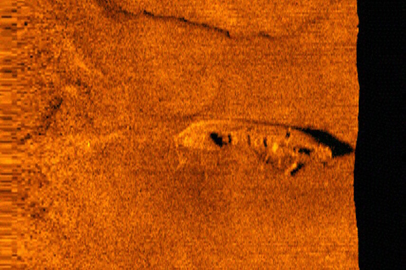 First sonar image of vessel now believed to be wooden bulk carrier Ohio, lost during a collision in 1894.