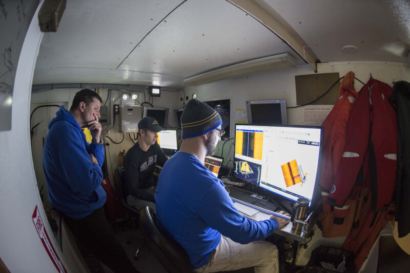 University of Delaware researchers monitor incoming survey data from R/V Laurentian’s science lab.