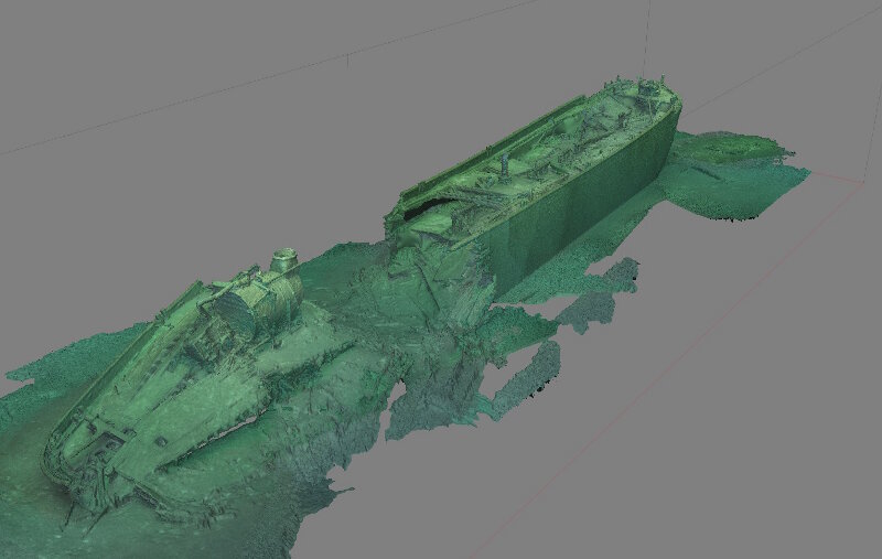 Isometric perspective of the photogrammetric model produced at the site of wooden bulk carrier New Orleans during Phase IV ‘work-up’ dives. This view shows the collapsed stern structure around the boiler and engine, the break at the start of the cargo holds, and the upright remains of the cargo holds and bow. Source: NOAA, Thunder Bay National Marine Sanctuary.