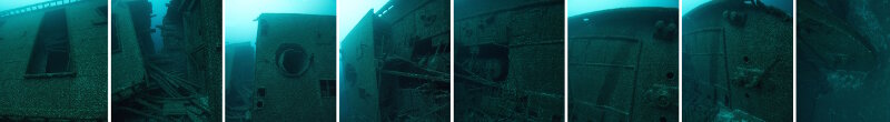 A series of individual images shows the progression of camera perspectives as a diver moves from the stern of bulk carrier Norman towards the bow.
