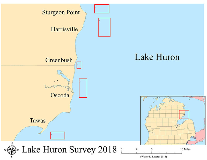 A geospatial analysis of historical records determined five areas of Lake Huron where missing Tuskegee and Free French aircraft were likely to have crashed. Three of the areas are within Thunder Bay National Marine Sanctuary (Map by Wayne Lusardi).